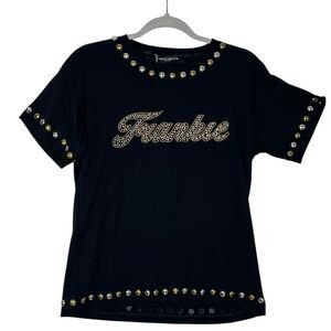 Frankie Morello Gold and Silver Studded Black Tee Shirt | S